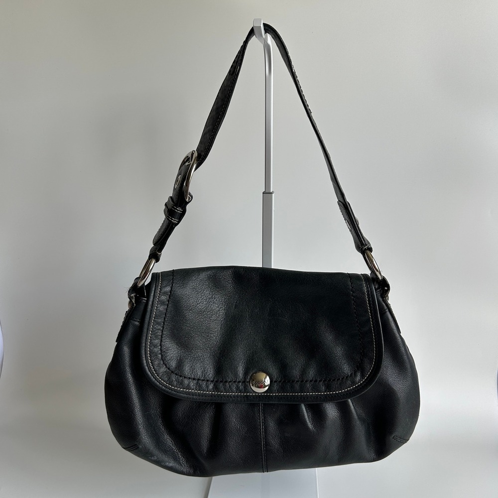 Coach Soho Pleated Flap Black Pebbled Leather‎ Shoulder Bag Good